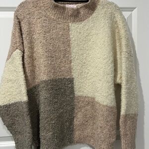 Pink Lily Cozy Patchwork Sweater - Cream and Brown